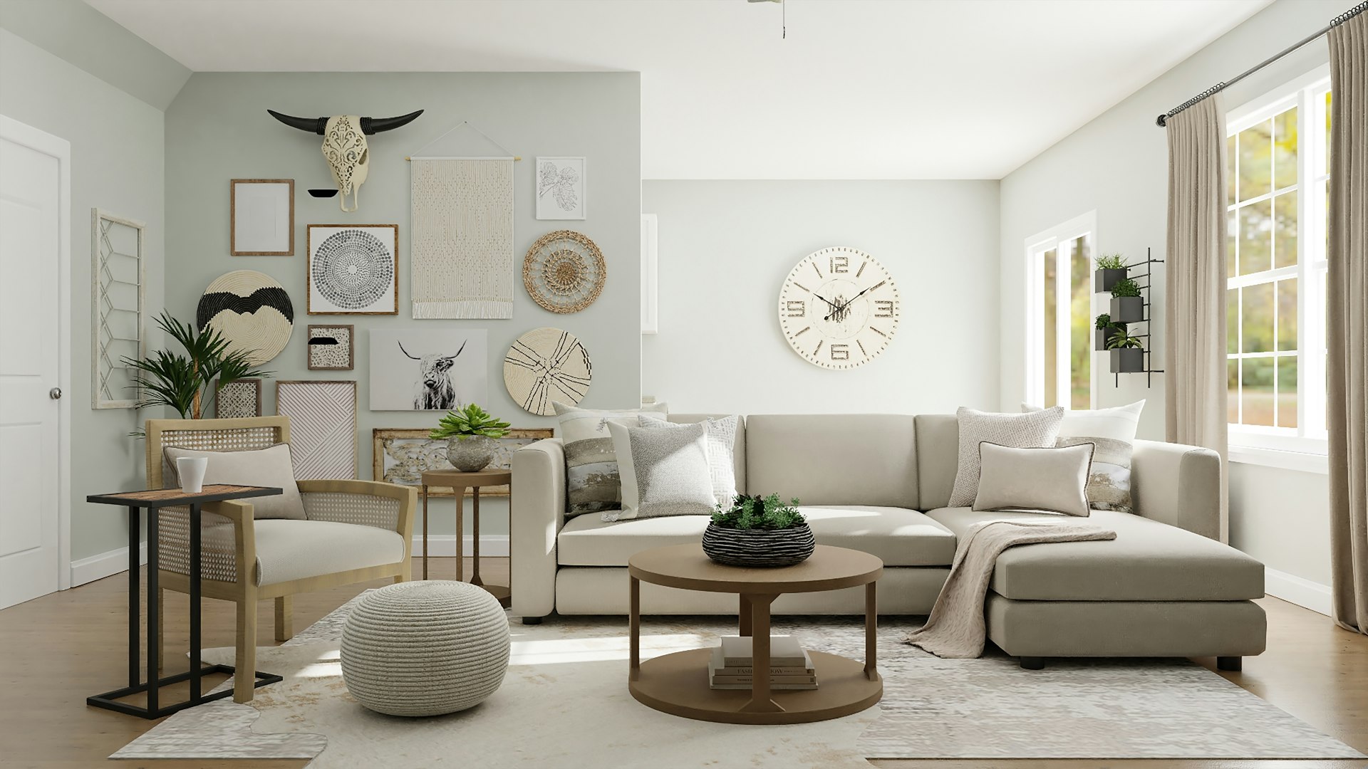 Minimalist Scandinavian living room with warm natural light